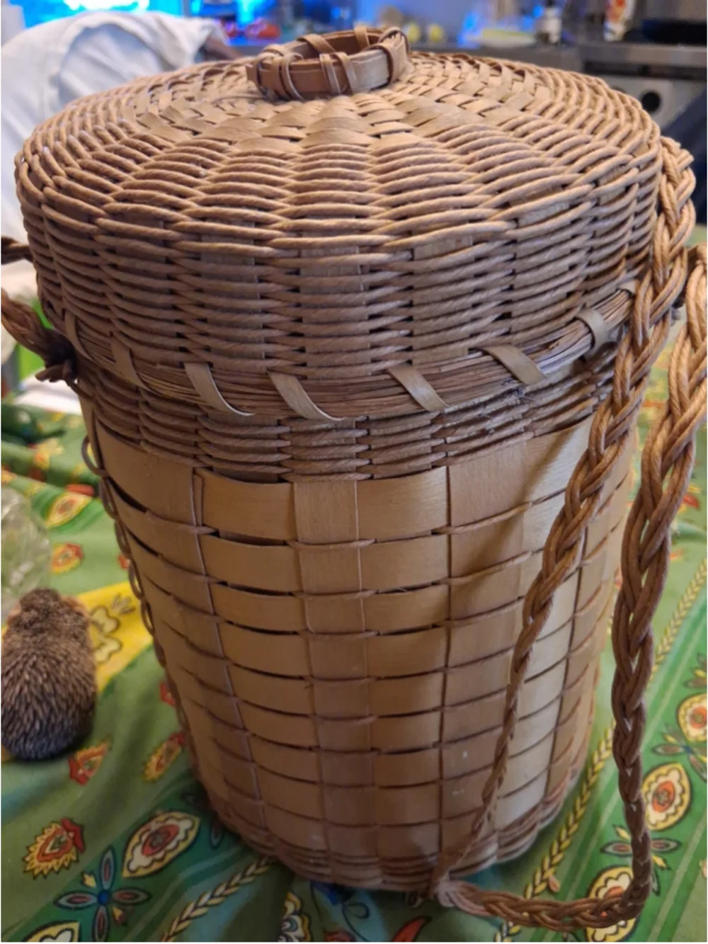 Ash splint and braided sweet grass yarn basket w braided handles New England
